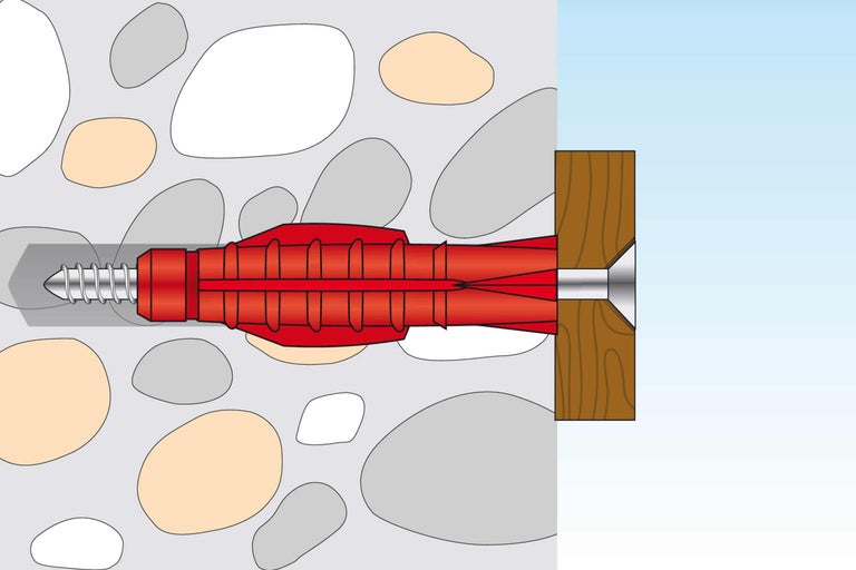 Illustration eines Dübels mit Schraube in einer Wand