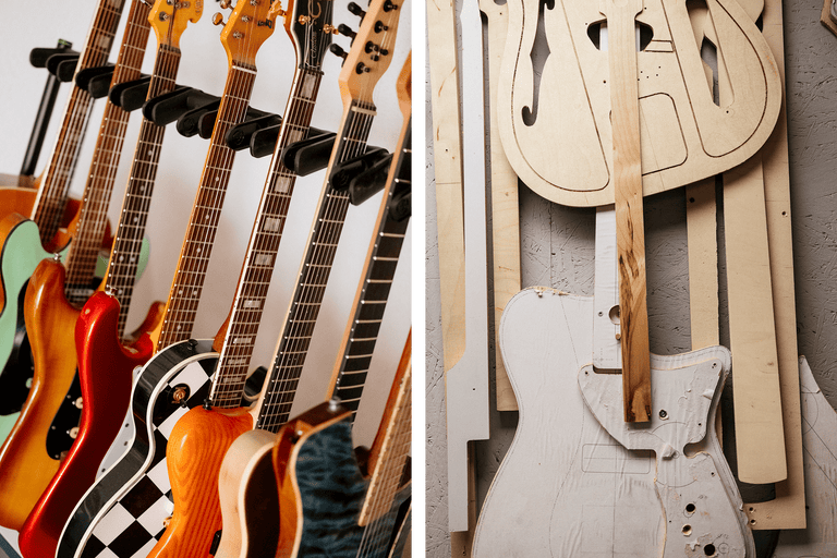 Eine Sammlung von Gitarren und Gitarrenvorlagen in einem Musikstudio.