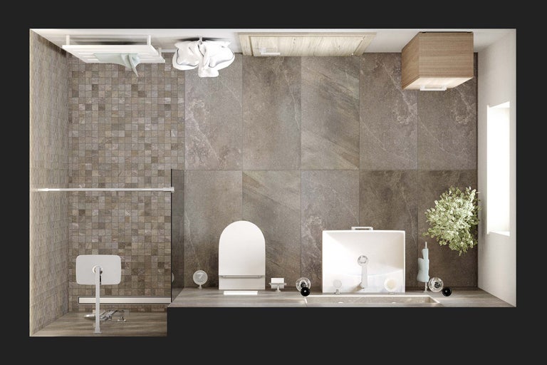 Draufsicht eines modernen Badezimmers mit Dusche, Toilette und Waschtisch