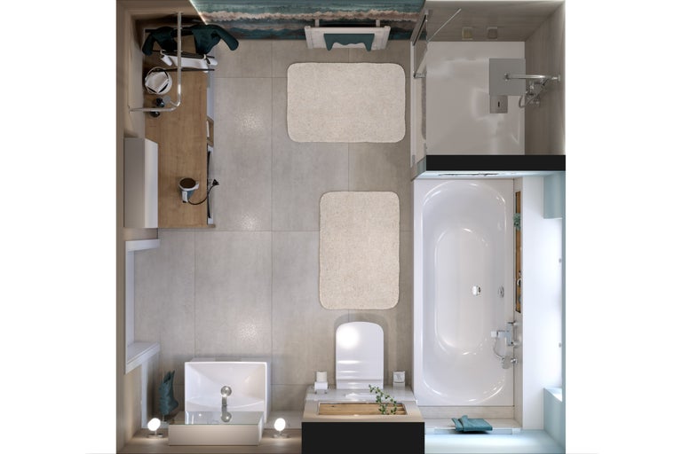 Draufsicht eines Badezimmers mit Badewanne, Dusche, Waschbecken und Toilette