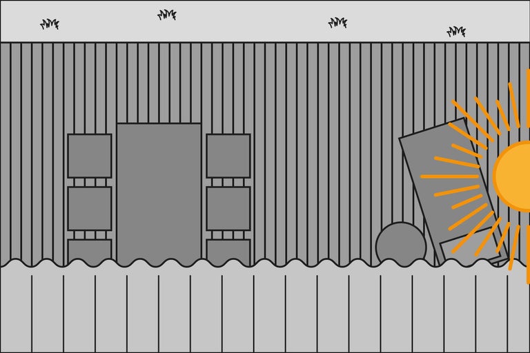 Abstrakte Gartenszene mit Zaun, Pflanzen und Sonne