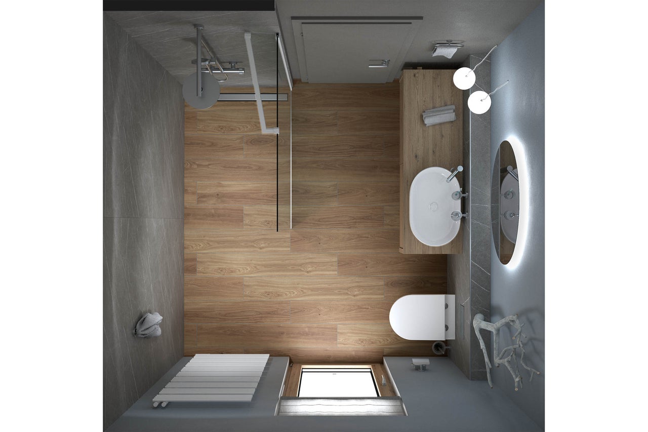 Draufsicht auf modernes Bad mit ebenerdiger Dusche, Holz-Waschtisch, ovalem Waschbecken, beleuchtetem Spiegel, Hänge-WC und Fliesen in Holzoptik.