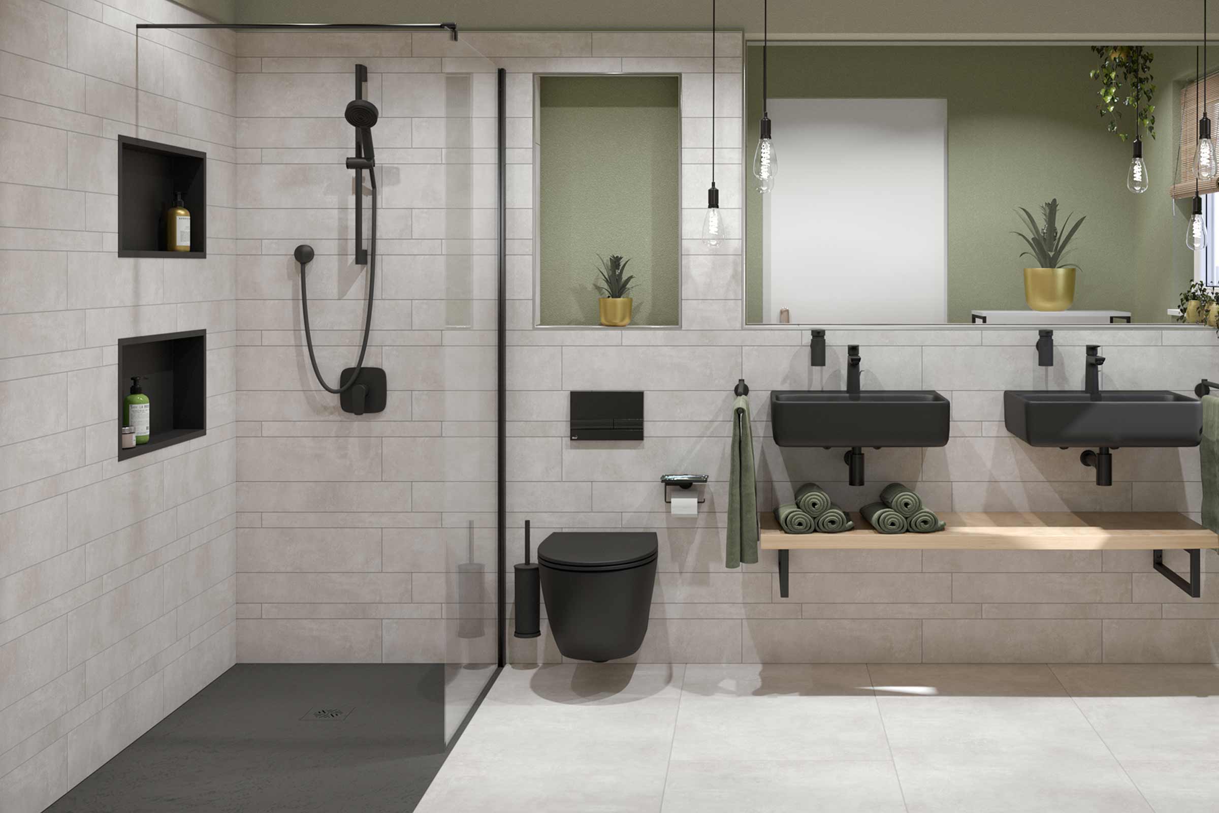 Modernes Badezimmer mit Dusche, Waschtischen und Toilette