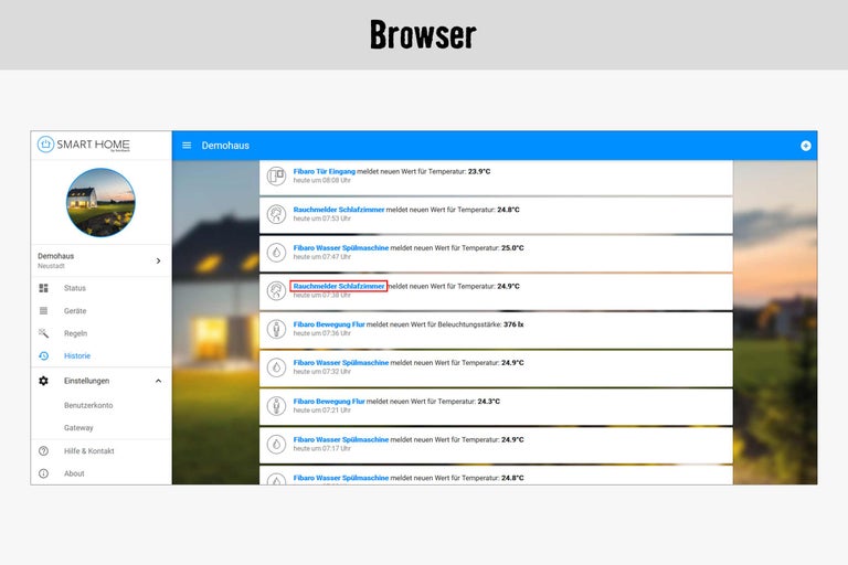 Smart Home App-Oberfläche mit Temperatur- und Beleuchtungsdaten