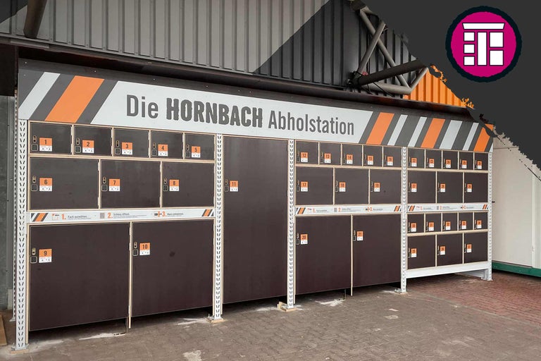 Die Hornbach Abholstation mit mehreren Fächern zur Warenabholung