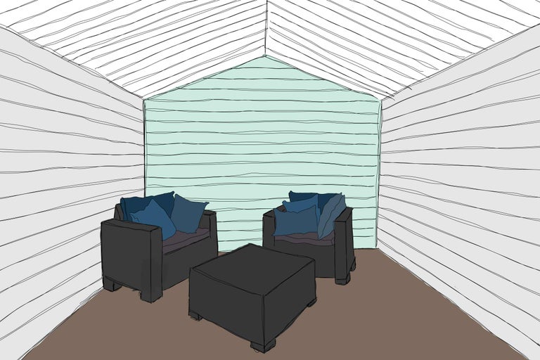 Illustration eines überdachten Sitzbereichs mit zwei Sesseln, Kissen und einem Tisch