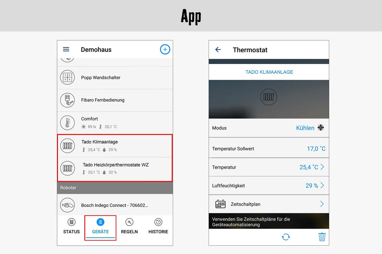 App-Ansicht eines Thermostats zur Steuerung der Tado Klimaanlage