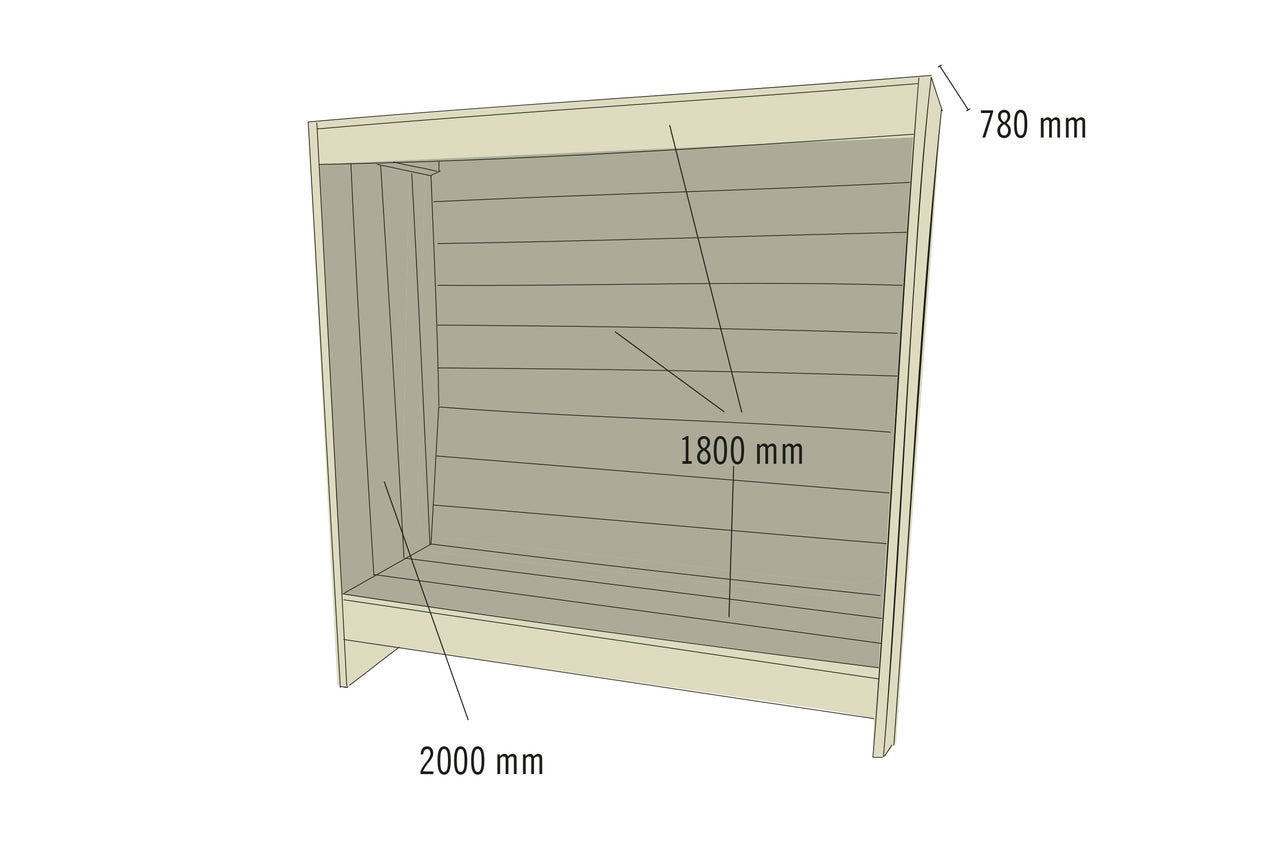 Regal mit den Maßen 780 mm Tiefe, 1800 mm Höhe und 2000 mm Breite.
