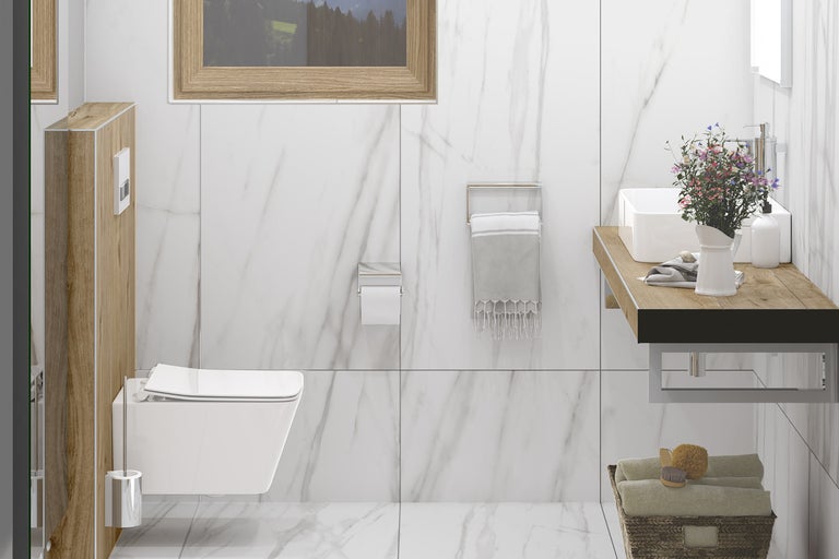 Modernes Badezimmer mit Toilette, Waschbecken und Holzelementen