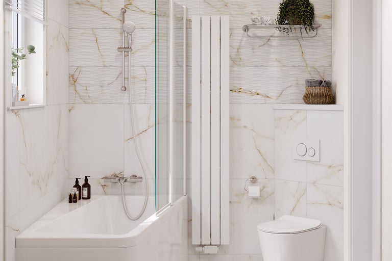 Helles Badezimmer mit Badewanne, Duschabtrennung, Handtuchwärmer und Toilette