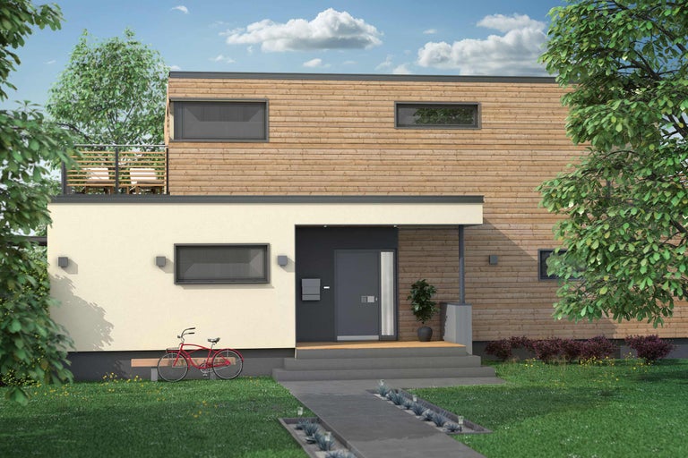 Modernes zweistöckiges Haus mit Holzfassade, Flachdach und Gartenanlage.