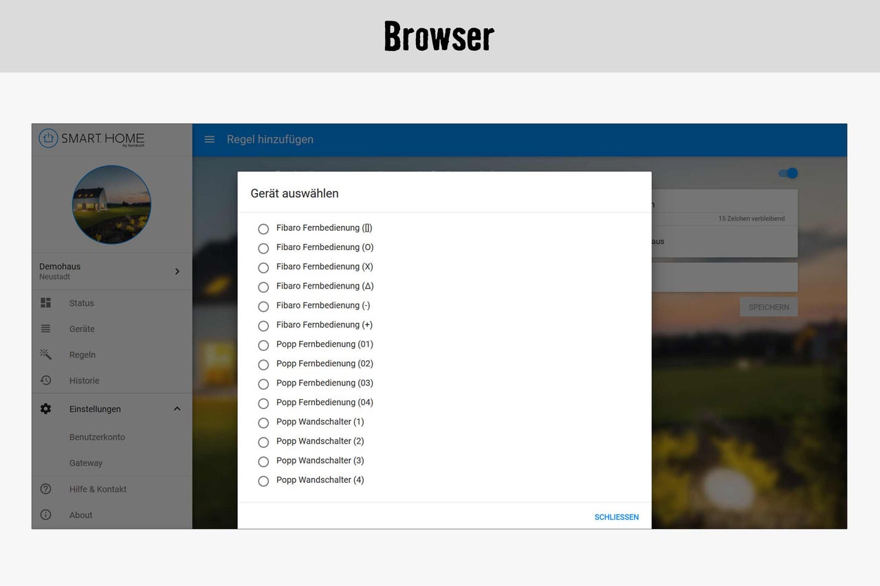 Smart Home Browseransicht zur Geräteauswahl