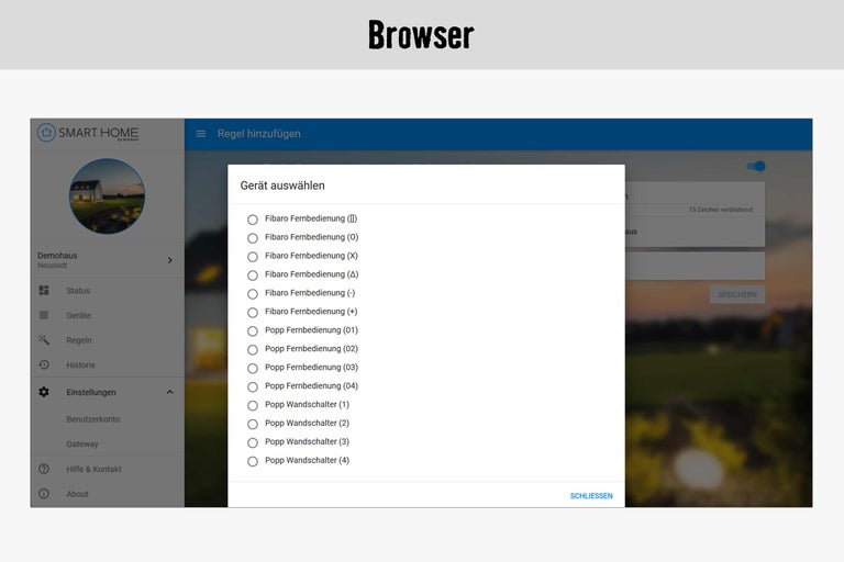Smart Home Browseransicht zur Geräteauswahl