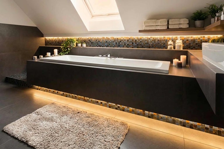 Badezimmer mit Badewanne, Mosaikfliesen und Teppich