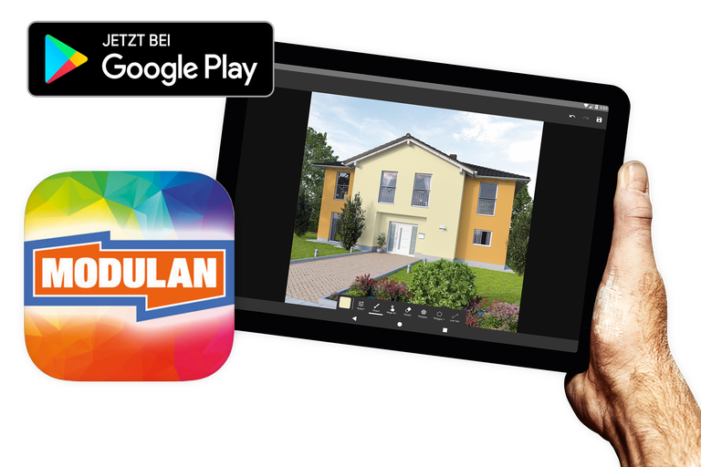 Auf einem Tablet wird die Modulan App zur Hausfarbplanung gezeigt. Google Play Logo.