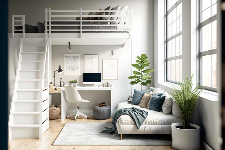 Helles Zimmer mit Hochbett, Schreibtisch, Sofa und Zimmerpflanzen.