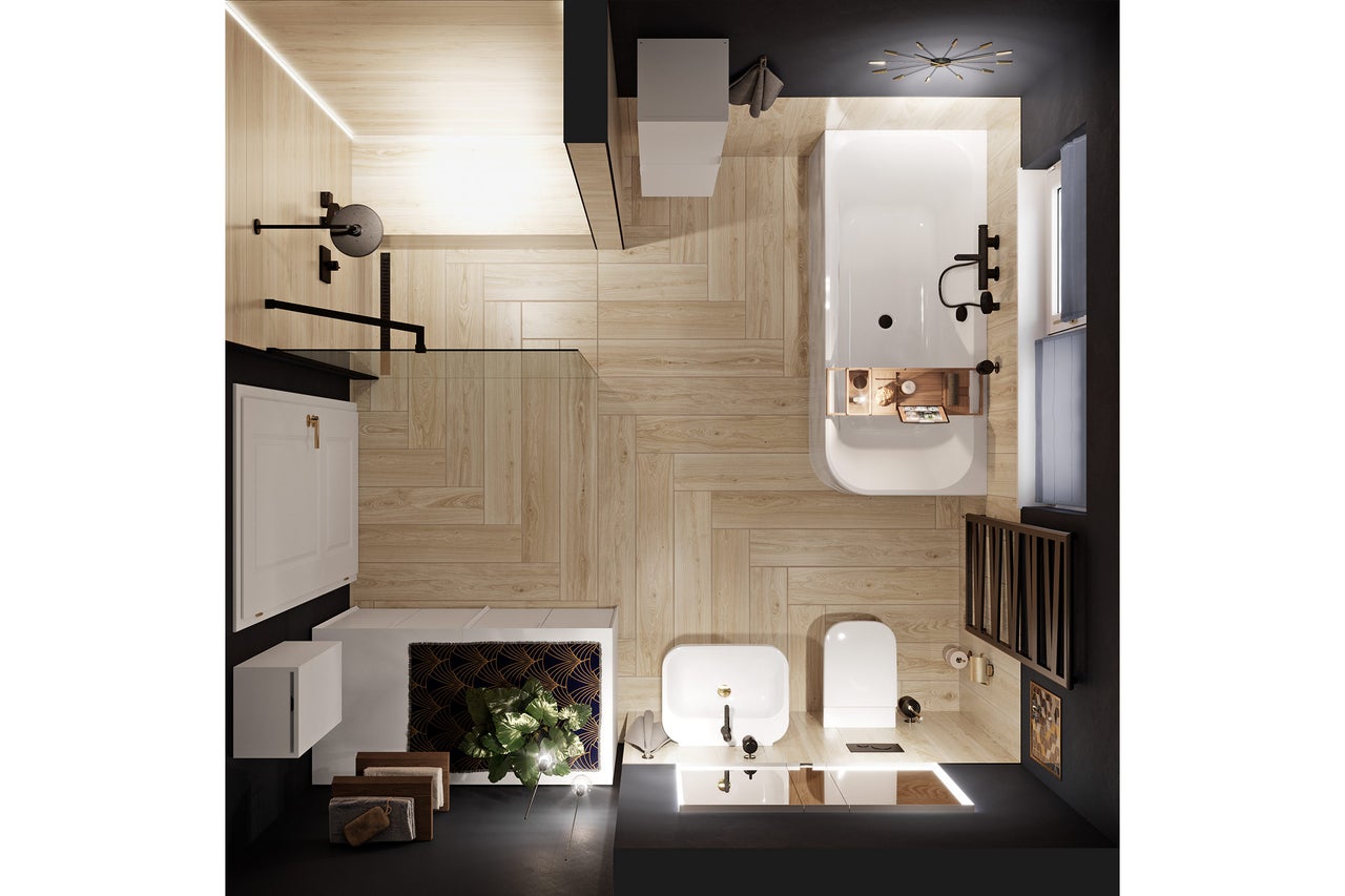 Modernes, organisiertes Badezimmer aus der Vogelperspektive mit Dusche, Badewanne, Waschbecken und Toilette. Boden in Holzoptik mit Fischgrätmuster.