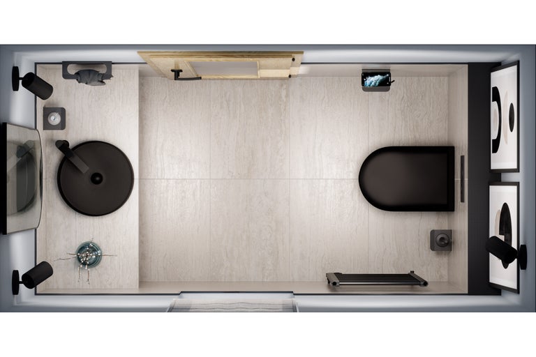 Draufsicht auf ein helles Badezimmer mit Waschtisch, Toilette, Heizkörper und Dekoration