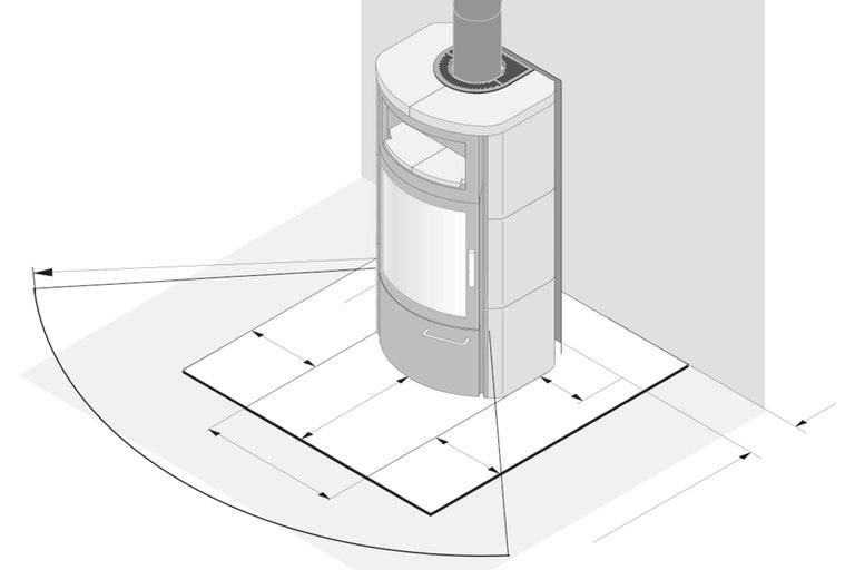 Kaminofen mit Maßangaben für Bodenplatte und Sicherheitsabstand