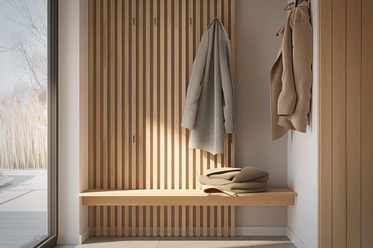 Holzgarderobe mit Sitzbank und Jacken