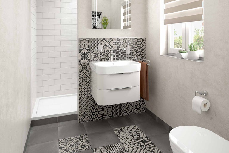 Modernes Badezimmer mit Waschbeckenunterschrank, Mosaikfliesen und Dusche