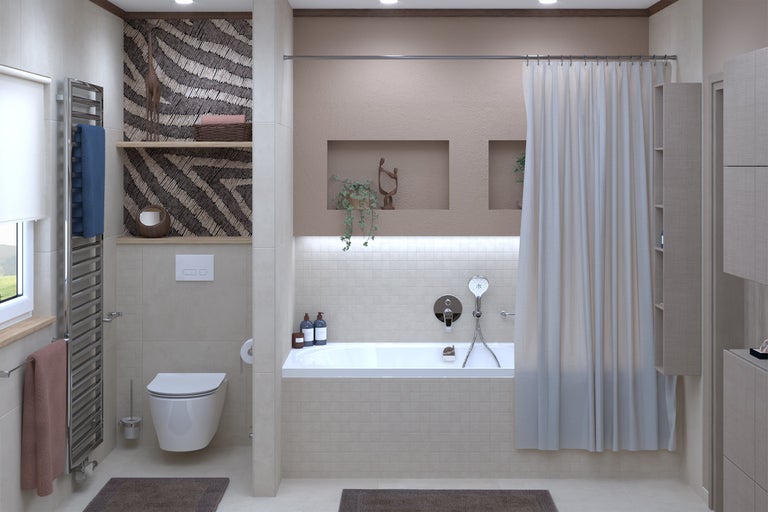 Helles Badezimmer mit Badewanne, Duschvorhang, Toilette und Handtuchwärmer im modernen Design.