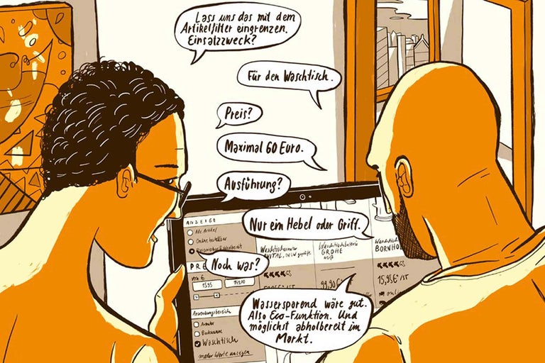 Zwei Personen betrachten einen Bildschirm mit Artikel Filtern für Waschtische und besprechen Preis und Ausführung