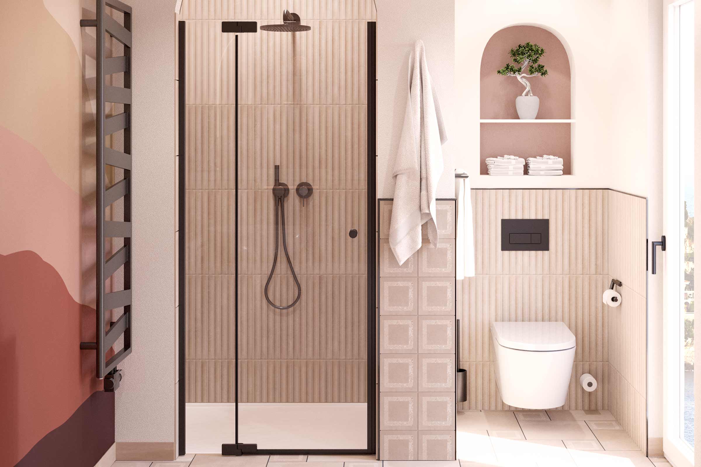 Helles Badezimmer mit Dusche, Heizkörper, Toilette und dekorativen Elementen für ein modernes Ambiente.