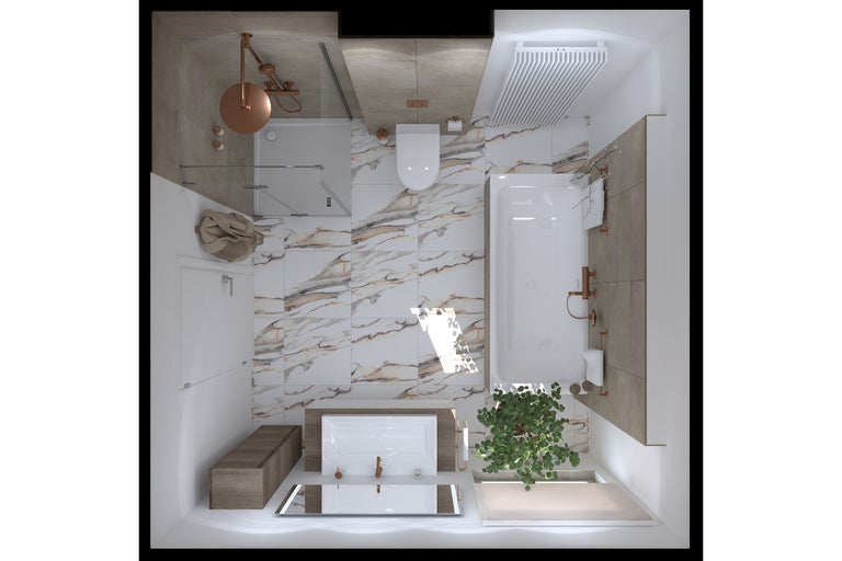 Draufsicht eines hellen Badezimmers mit Dusche, Badewanne, Toilette, Waschbecken und Pflanzen