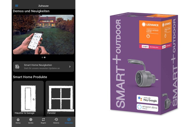 Abbildung einer Smart Home App und einer LEDVANCE Smart+ Outdoor Steckdose