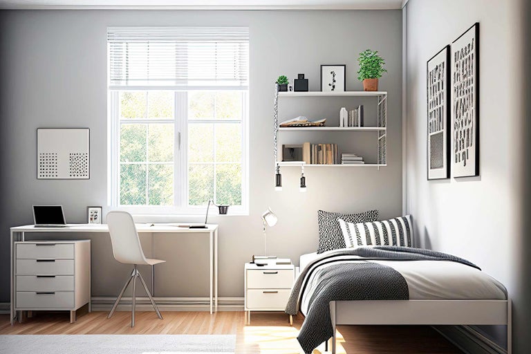 Helles Zimmer mit Bett, Schreibtisch und Regal