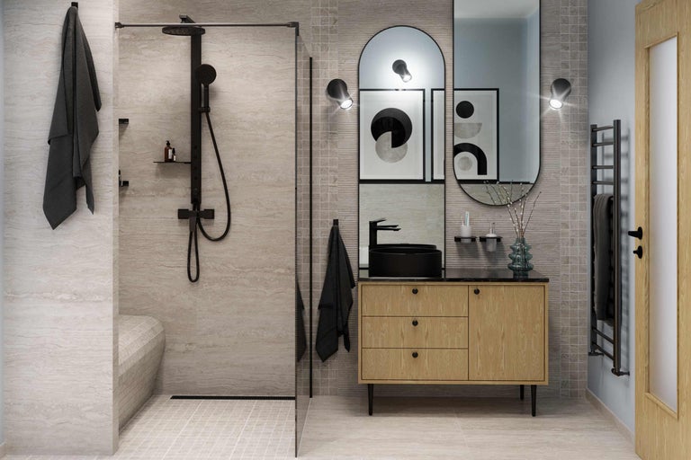 Helles Badezimmer mit Dusche, Waschtisch und Handtuchwärmer