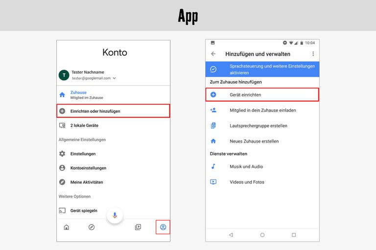 Google Home App Screenshots zur Geräteeinrichtung und -verwaltung