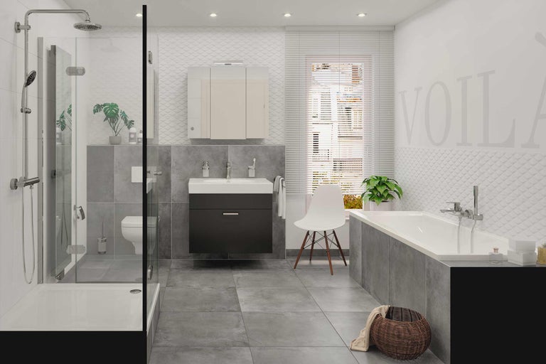 Badezimmer mit Dusche, Waschtisch, Spiegelschrank, Toilette und Badewanne