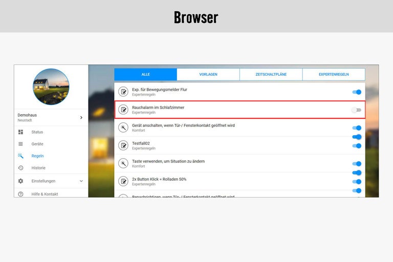 Browseransicht mit Smart Home Einstellungen für Rauchmelder im Schlafzimmer