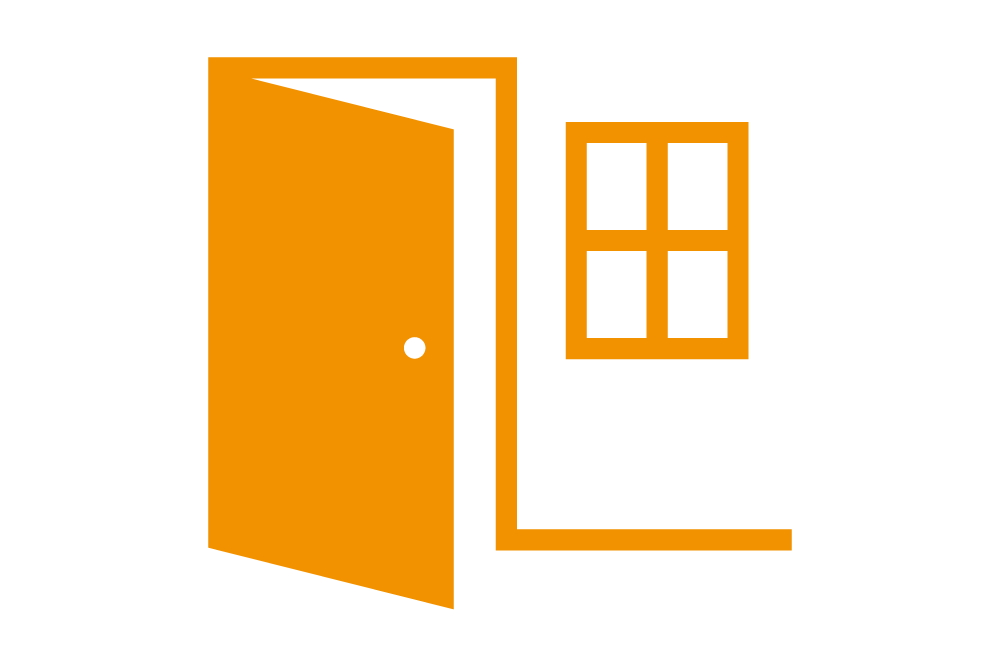 Symbol für ein geöffnetes Haus mit Tür und Fenster