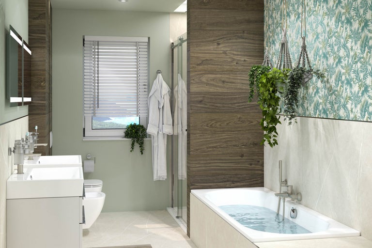 Badezimmer mit Doppelwaschbecken, Badewanne, Dusche und Fenster