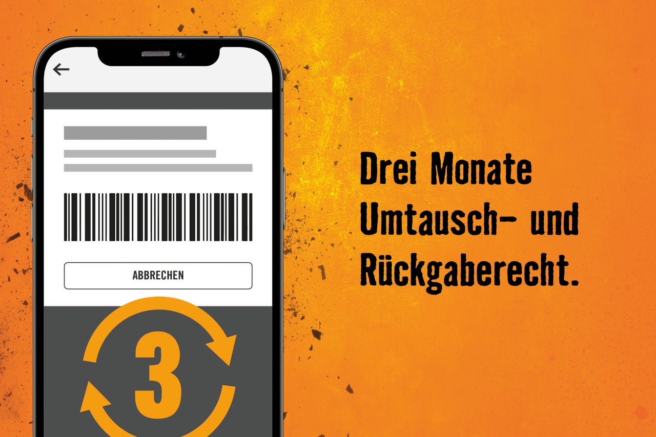 Smartphone-Bildschirm mit Barcode und der Zahl Drei mit einem kreisförmigen Pfeil, der eine dreimonatige Umtausch- und Rückgaberecht darstellt