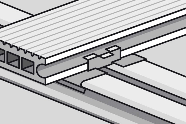 Illustration einer Terrassendiele mit Unterkonstruktion und Befestigungsclip