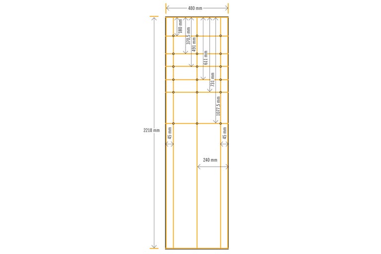 Technische Zeichnung eines Regals mit Maßangaben