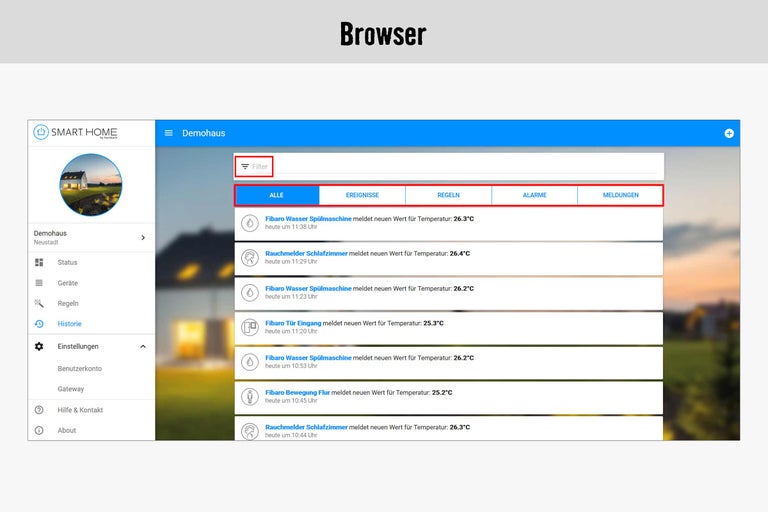 Screenshot der Smart Home App mit Ereignisprotokoll und Filtern