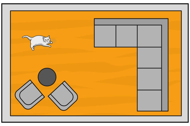 Draufsicht eines Wohnzimmers mit Ecksofa, Sesseln, Tisch und Katze
