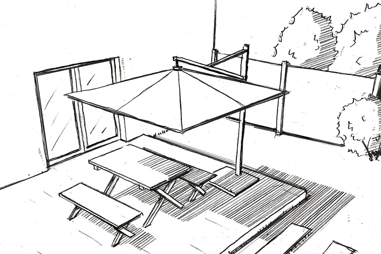 Skizze eines Gartens mit Esstisch, Bänken und Sonnenschirm