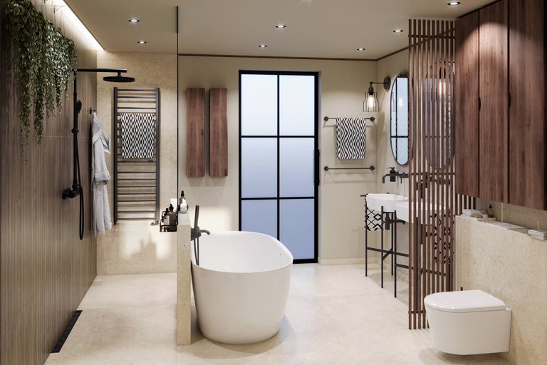 Helles Badezimmer mit Badewanne, Waschbecken, Toilette und Holzelementen