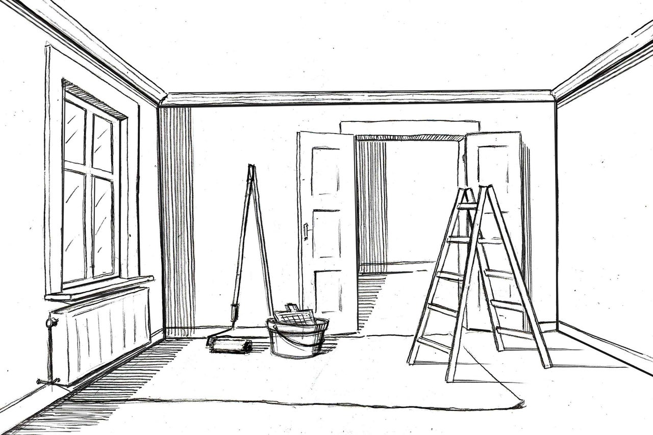Illustration eines Raumes mit Leiter, Farbeimer und Malerwerkzeug für Renovierungsarbeiten