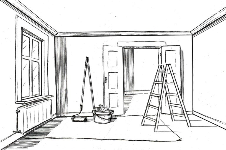 Illustration eines Raumes mit Leiter, Farbeimer und Malerwerkzeug für Renovierungsarbeiten
