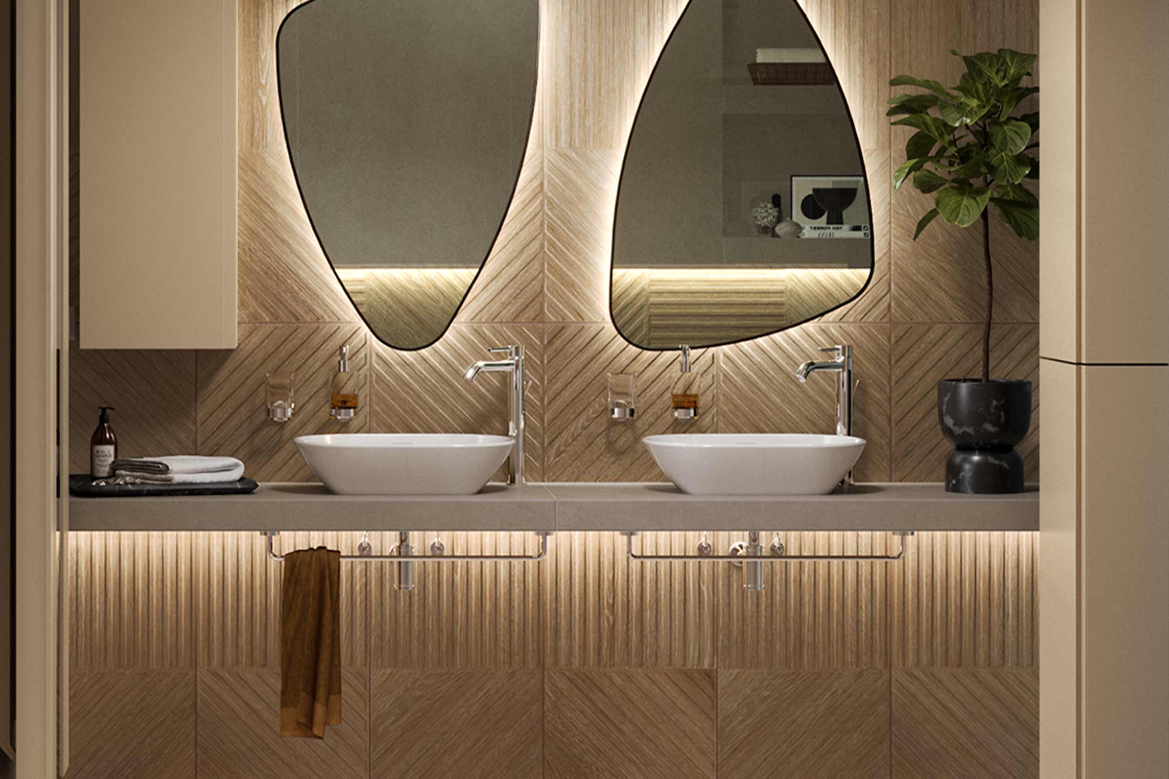 Badezimmer mit zwei Waschbecken, Spiegeln und Holzverkleidung