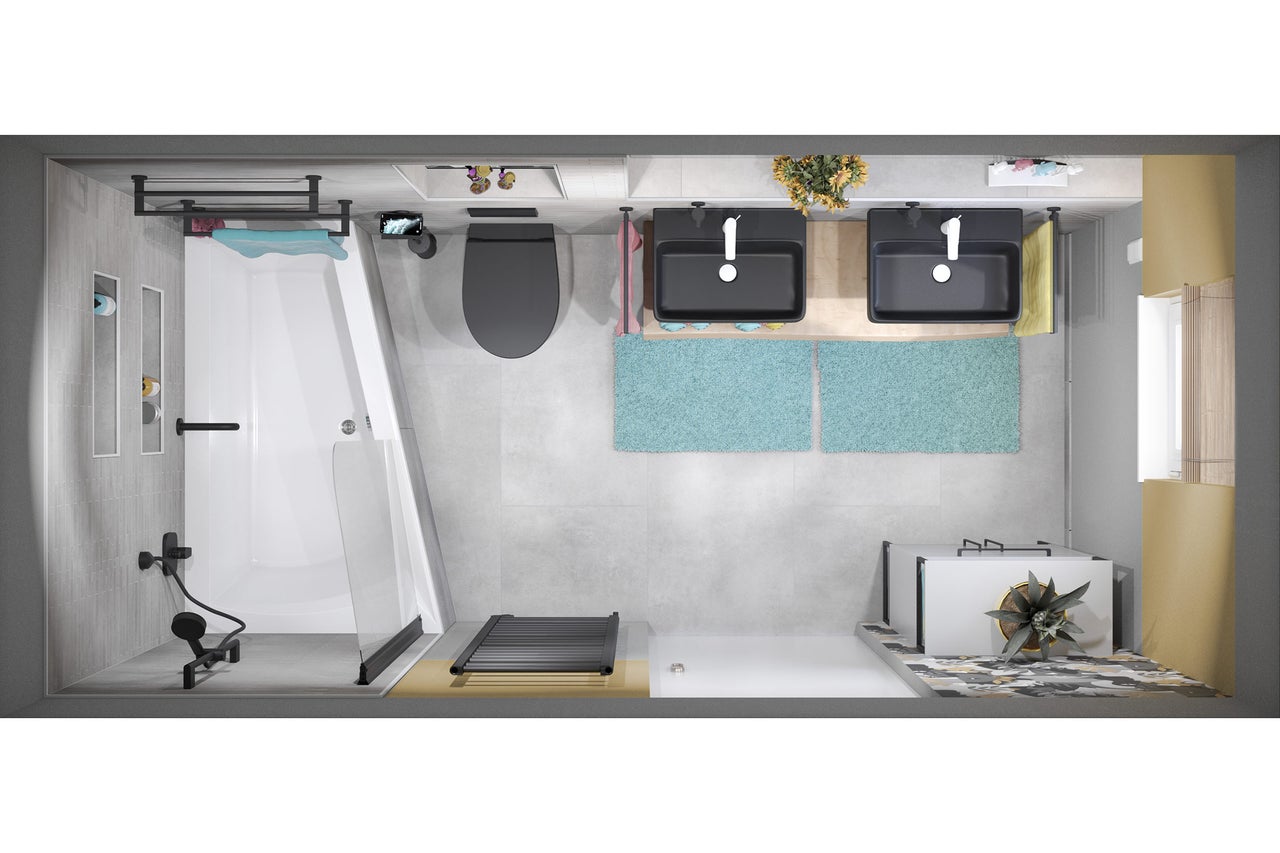 Vogelperspektive eines Badezimmers mit Badewanne, Toilette, Waschbecken und Badmöbeln
