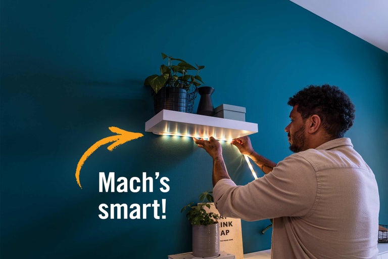 Mann befestigt LED-Streifen unter einem Wandregal mit Zimmerpflanze und Dekoration
