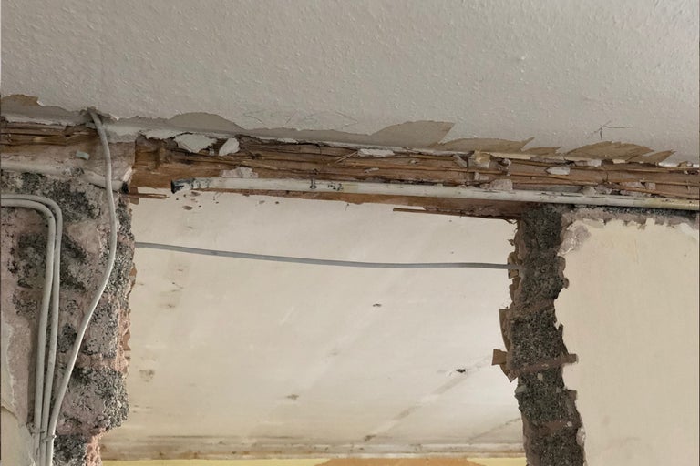 Rohbau mit freigelegten Holzbalken und elektrischen Leitungen